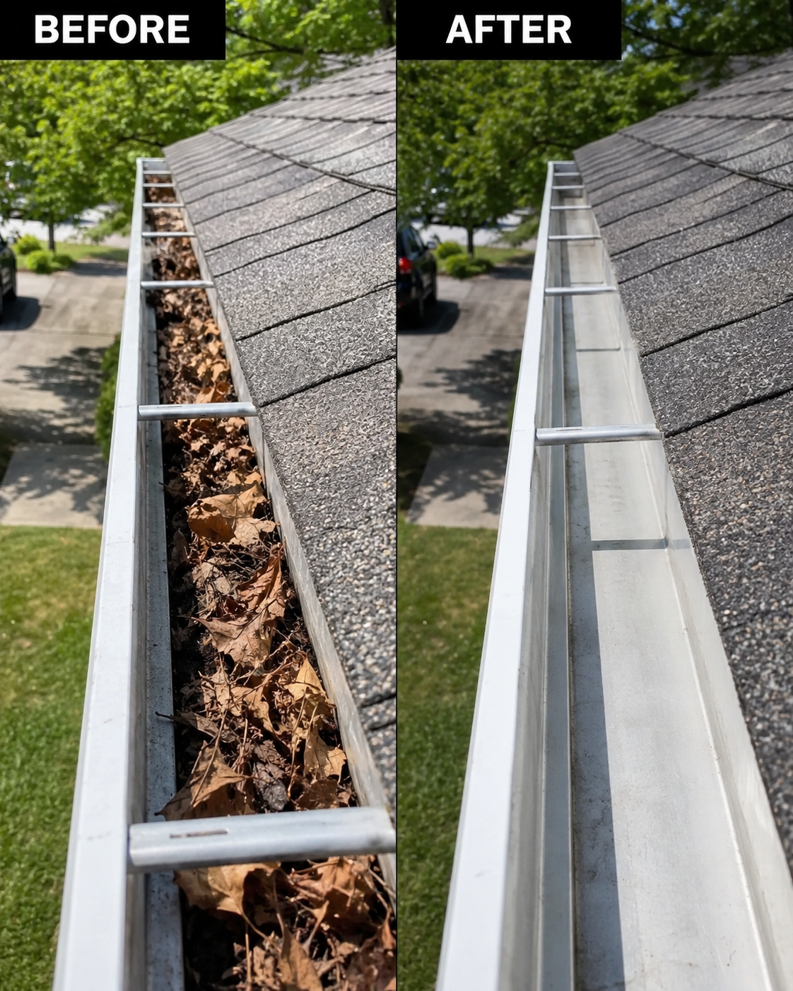 Before and after photo of a gutter cleaning by Sauk Valley Exterior Cleaning: a gutter packed with leaves next to the same gutter fully cleared.