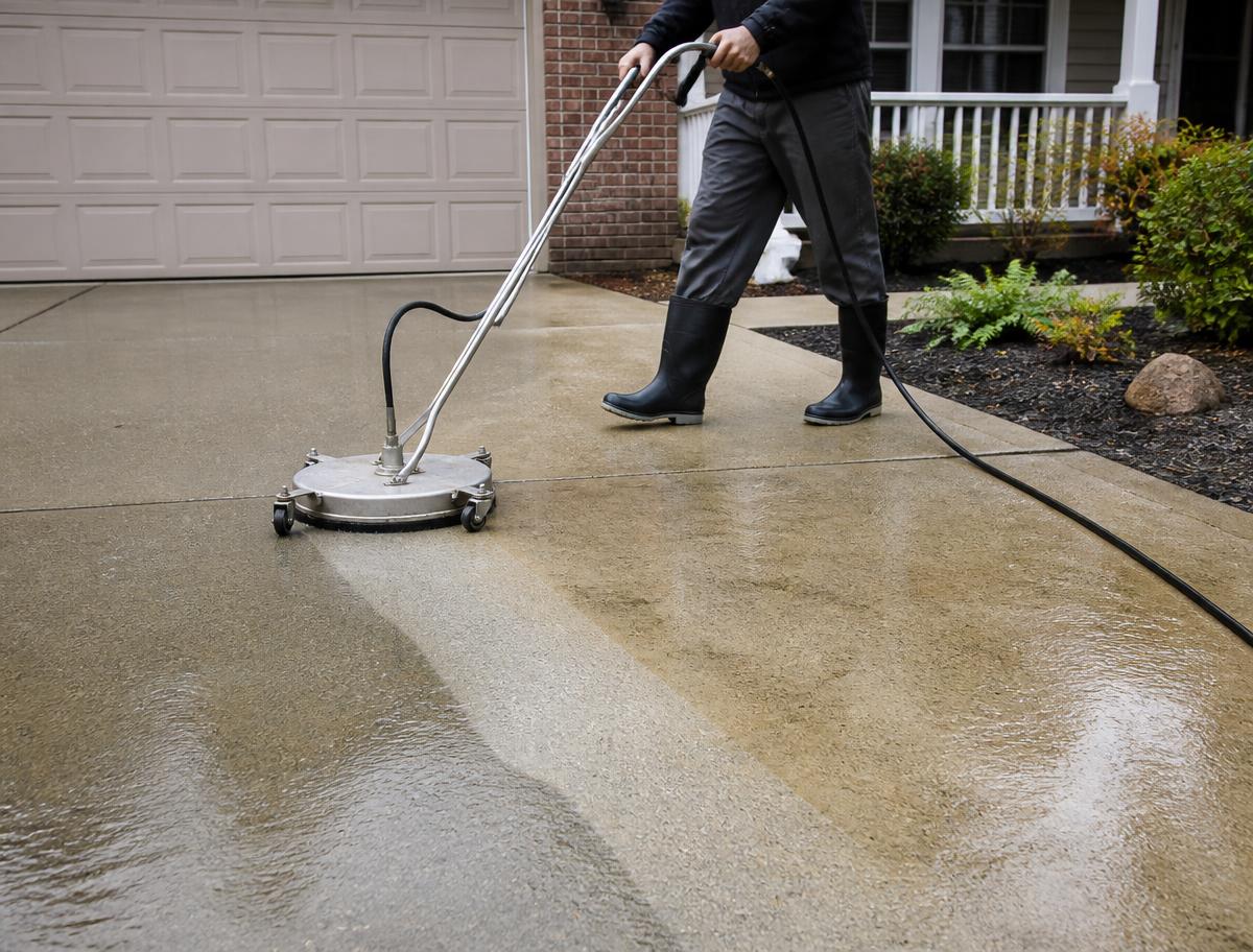 Surface cleaner leaving a bright clean stripe across a dirty concrete driveway.
