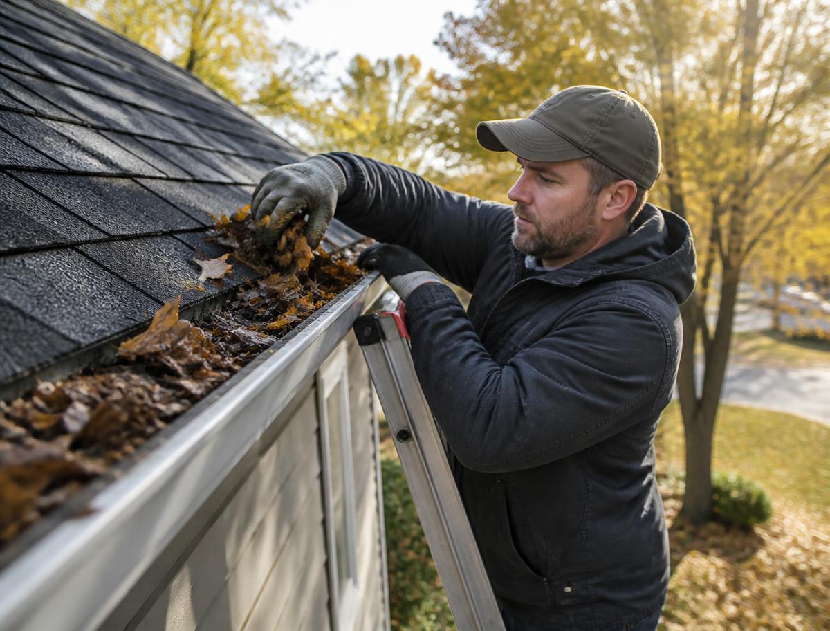 Technician on a ladder scooping wet leaves out of a residential gutter on a fall day.