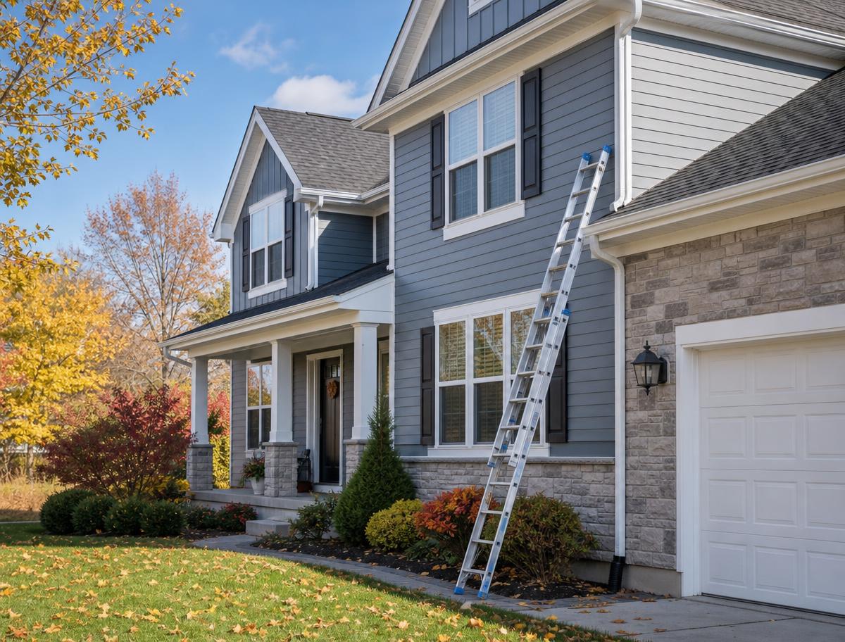 Well maintained home exterior with clear gutters and a ladder set up in autumn.